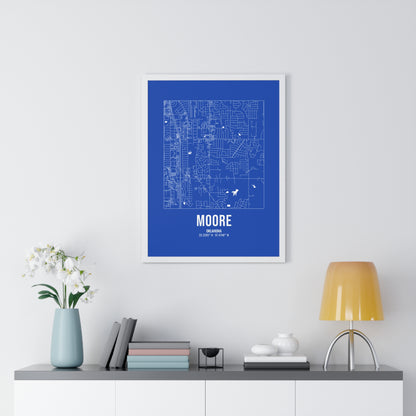 Moore Street Map Framed Print, White on Royal Blue