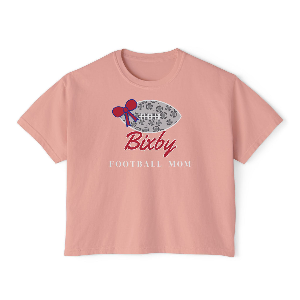 Bixby Spartans Football Mom Women's Boxy Tee – Leopard Football & Bow, White Lettering