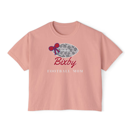 Bixby Spartans Football Mom Women's Boxy Tee – Leopard Football & Bow, White Lettering