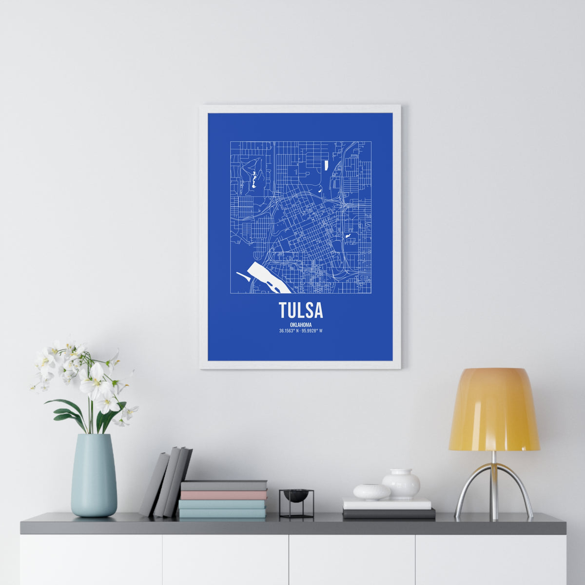 Tulsa Street Map Framed Print, White on Royal Blue