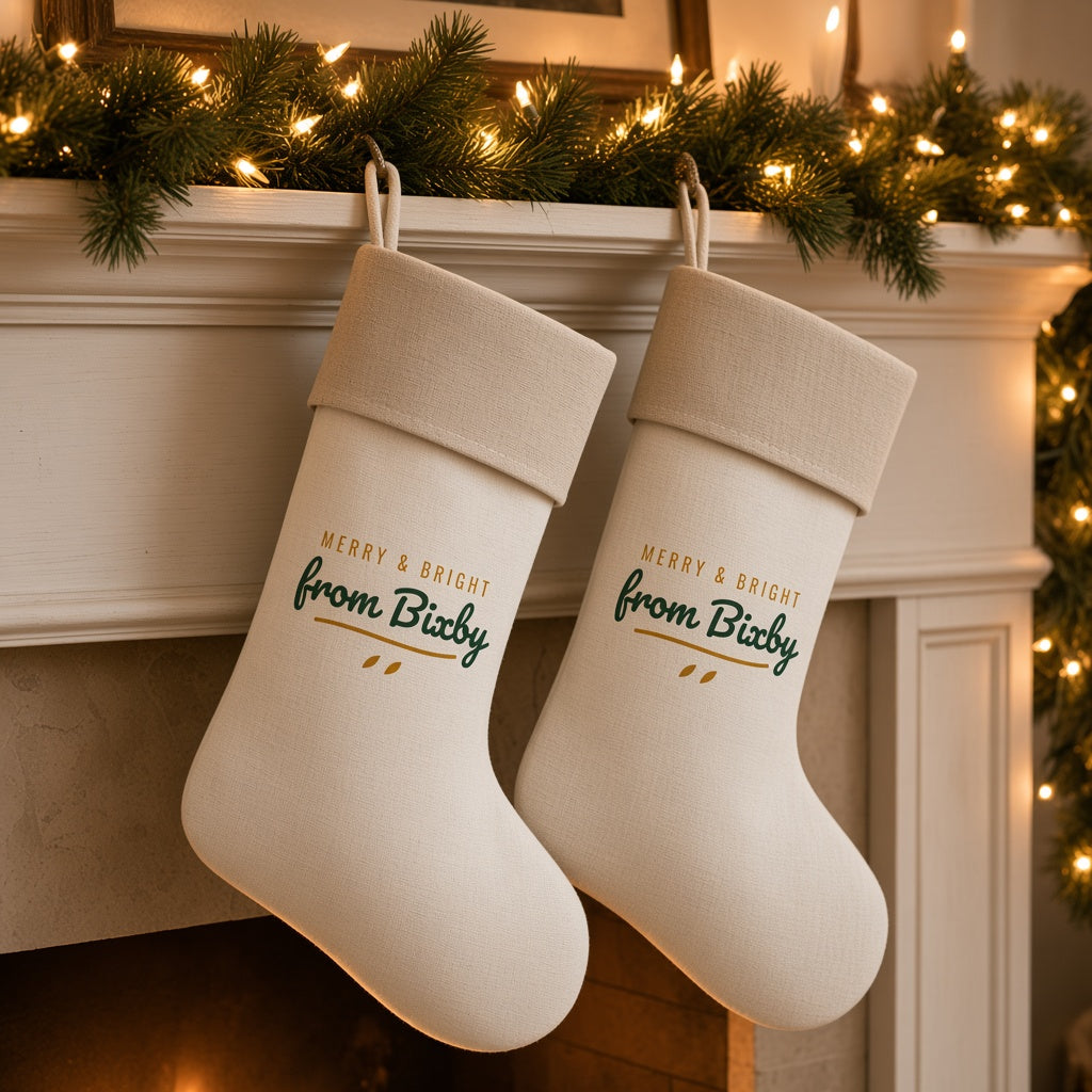 Merry & Bright from Bixby linen stockings on a farmhouse mantel