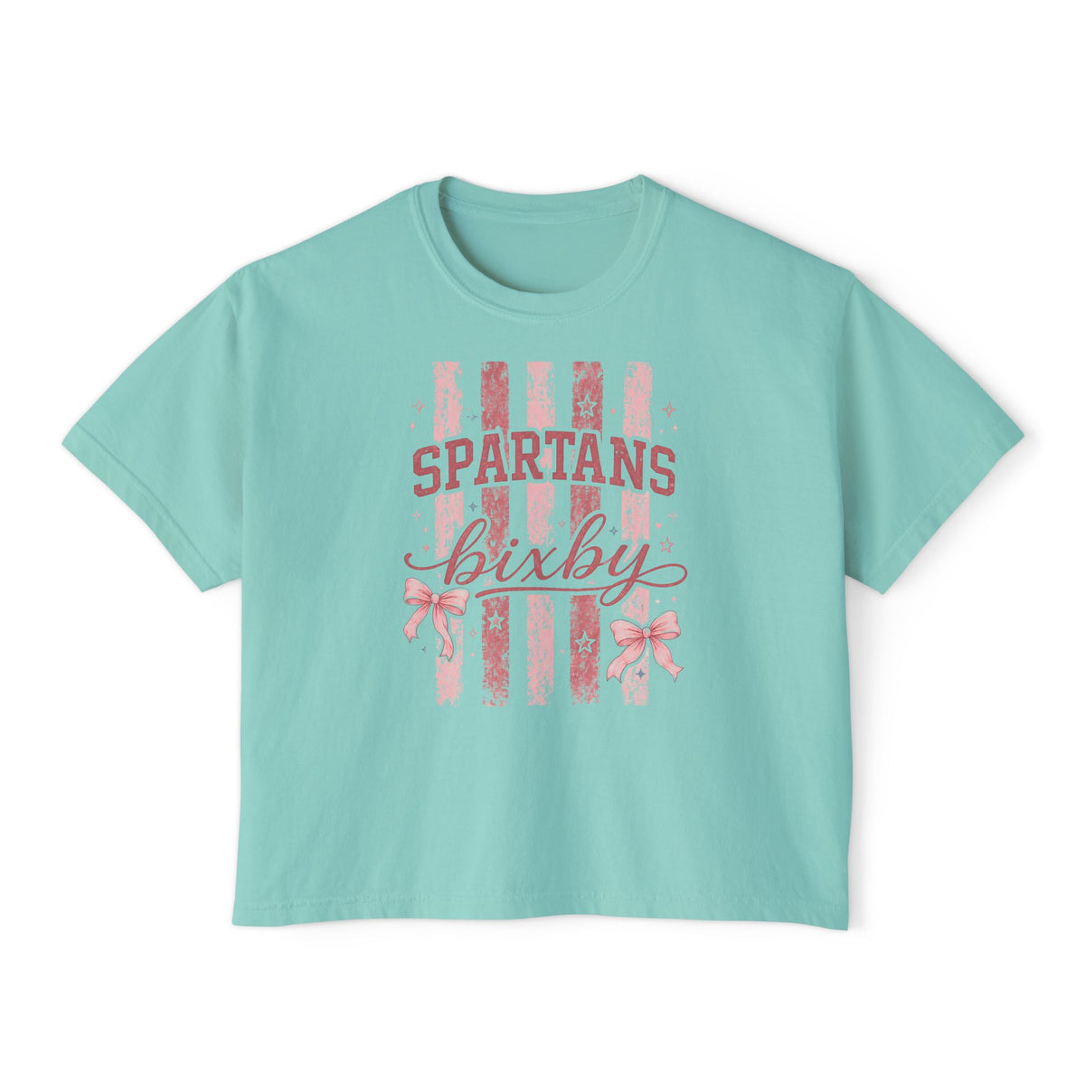 Bixby Spartans Bixby Boxy Pink Vintage Stripe Cheer Tee