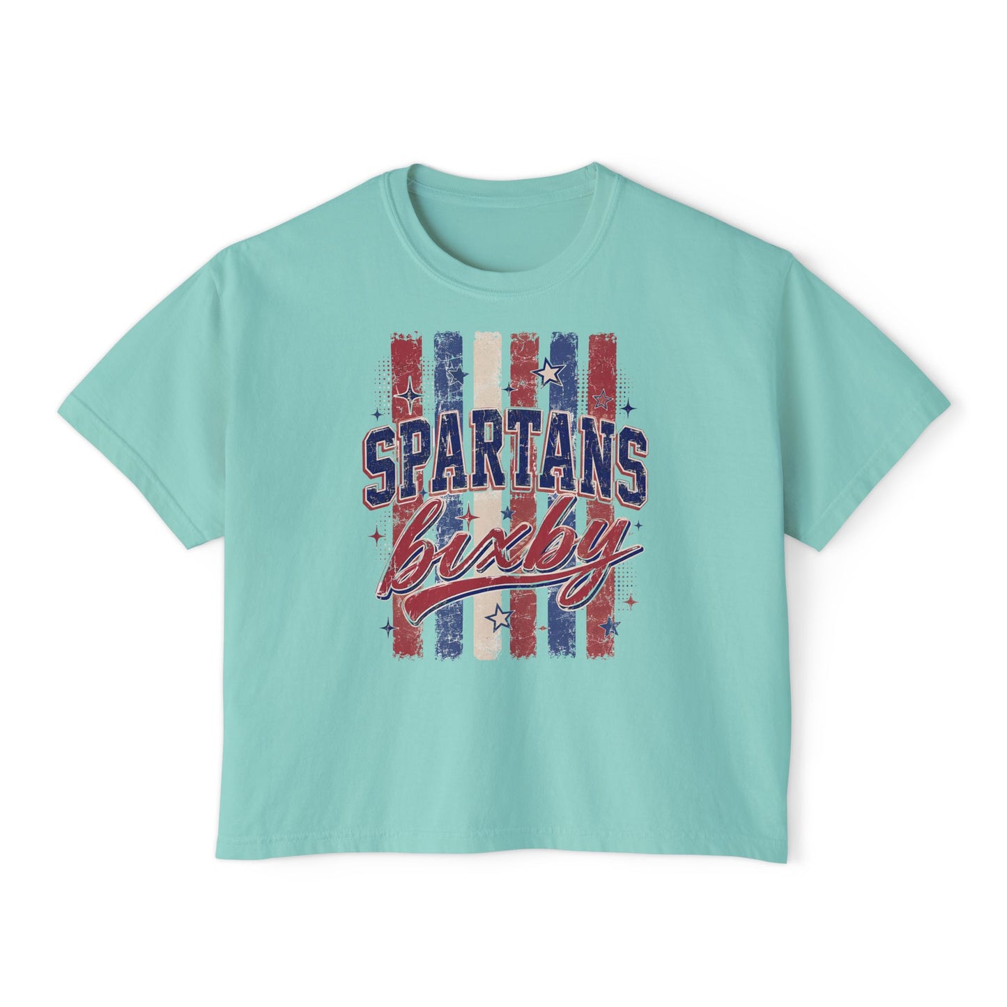Spartans Lucky Women's Boxy Tee Vintage Red & Blue Patriot Stripes