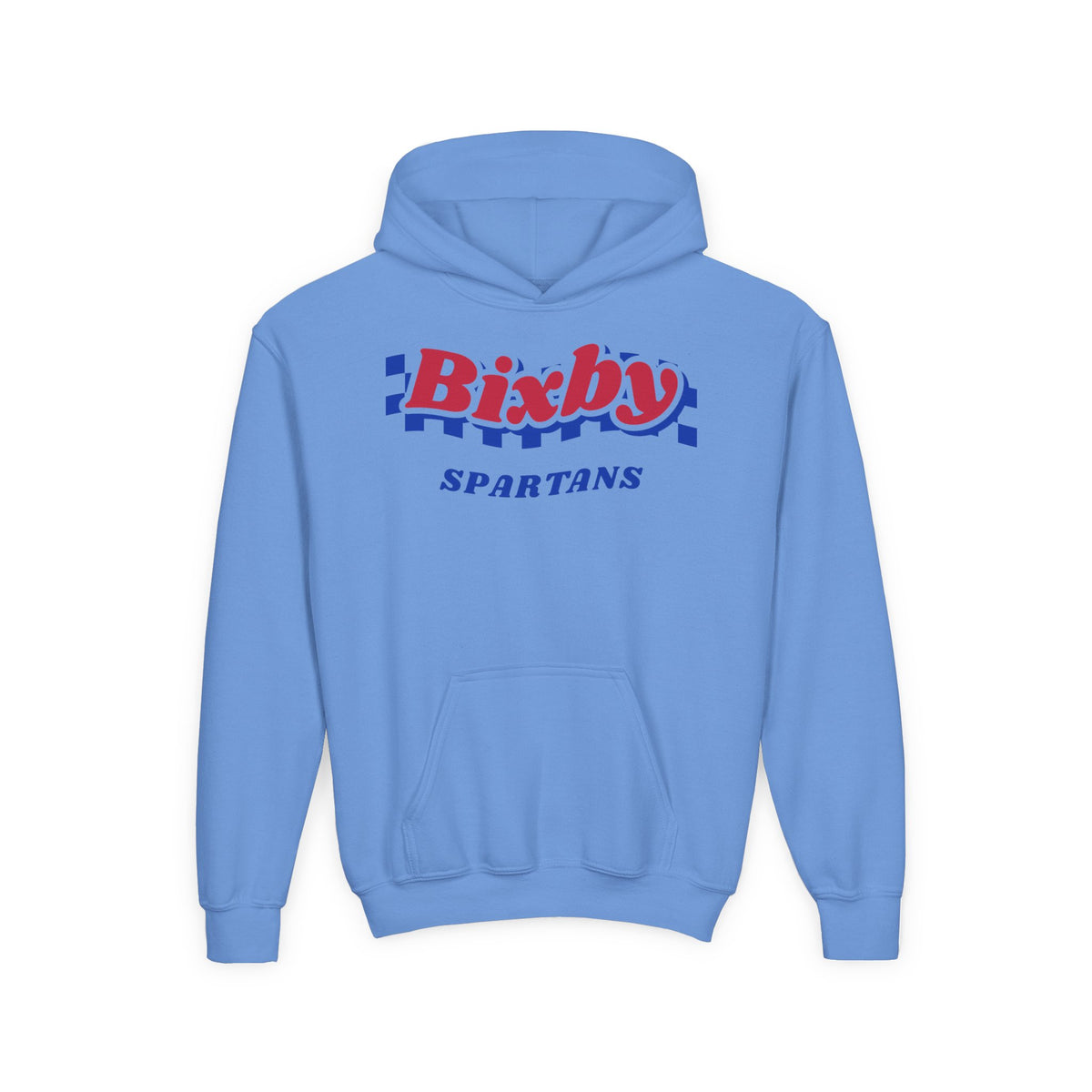 Bixby Spartans Retro Blue Checkered Script Youth Hoodie – Kids Vintage Game Day Hoodie