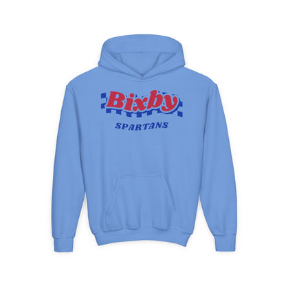 Bixby Spartans Retro Blue Checkered Script Youth Hoodie – Kids Vintage Game Day Hoodie