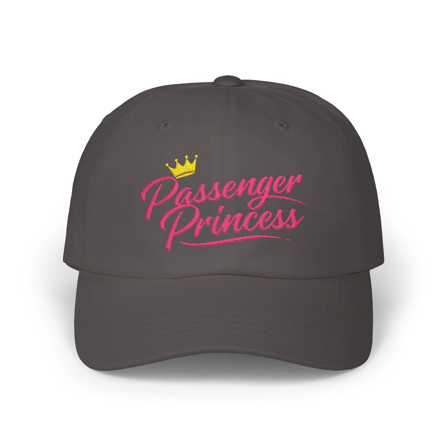 Passenger Princess Dad Cap – Embroidered White Baseball Hat with Pink Script and Crown