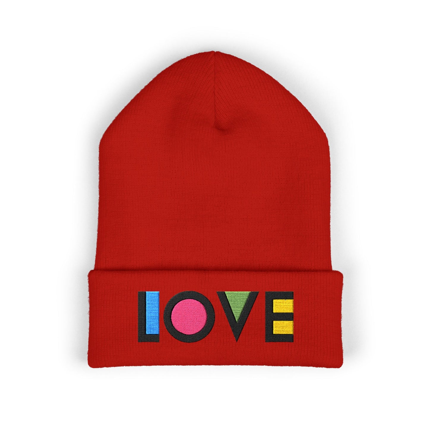LOVE Embroidered Cuffed Beanie — Colorful Retro Knit Hat for Pride & Everyday Wear