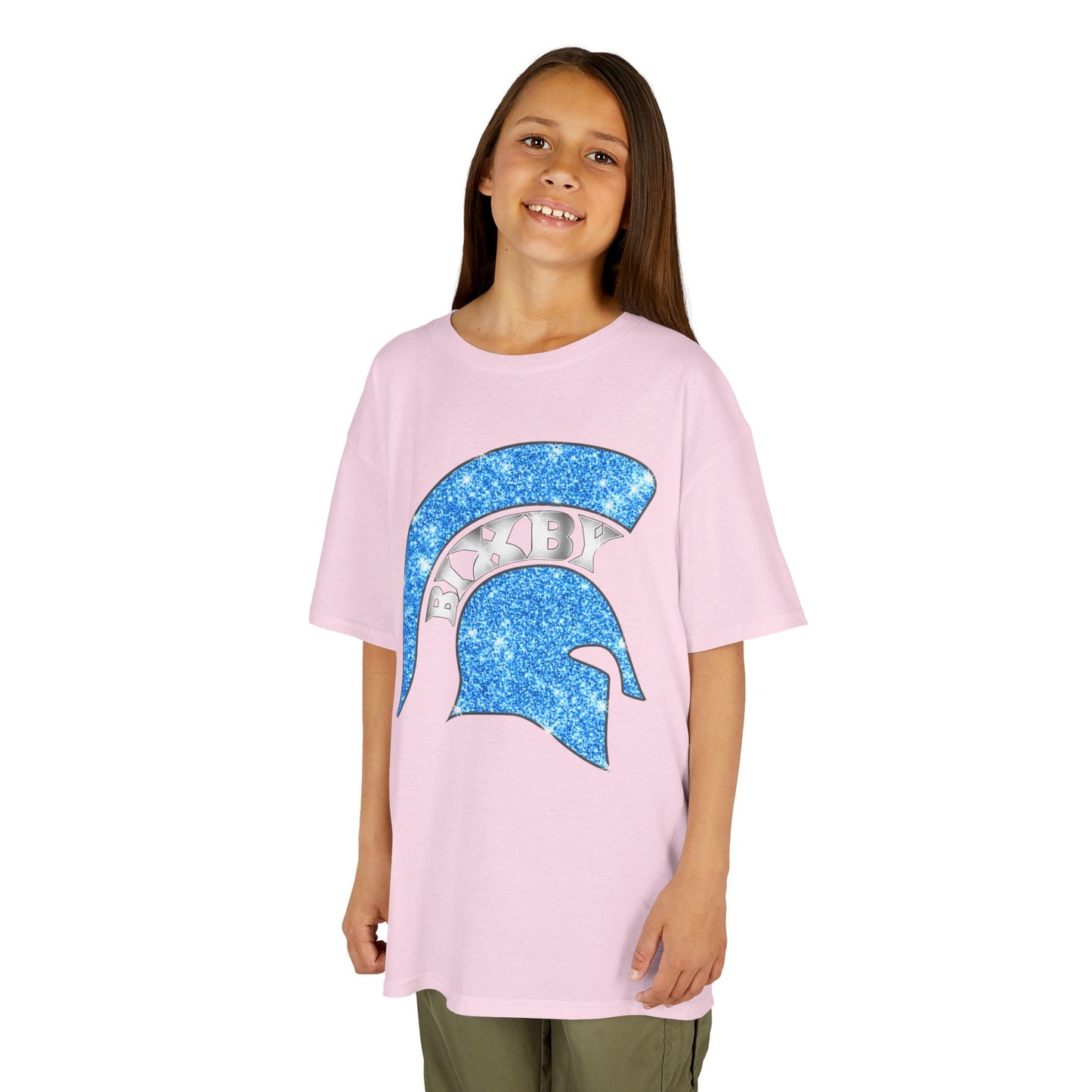 Bixby Spartan Blue Helmet Bling Youth Gildan Tee