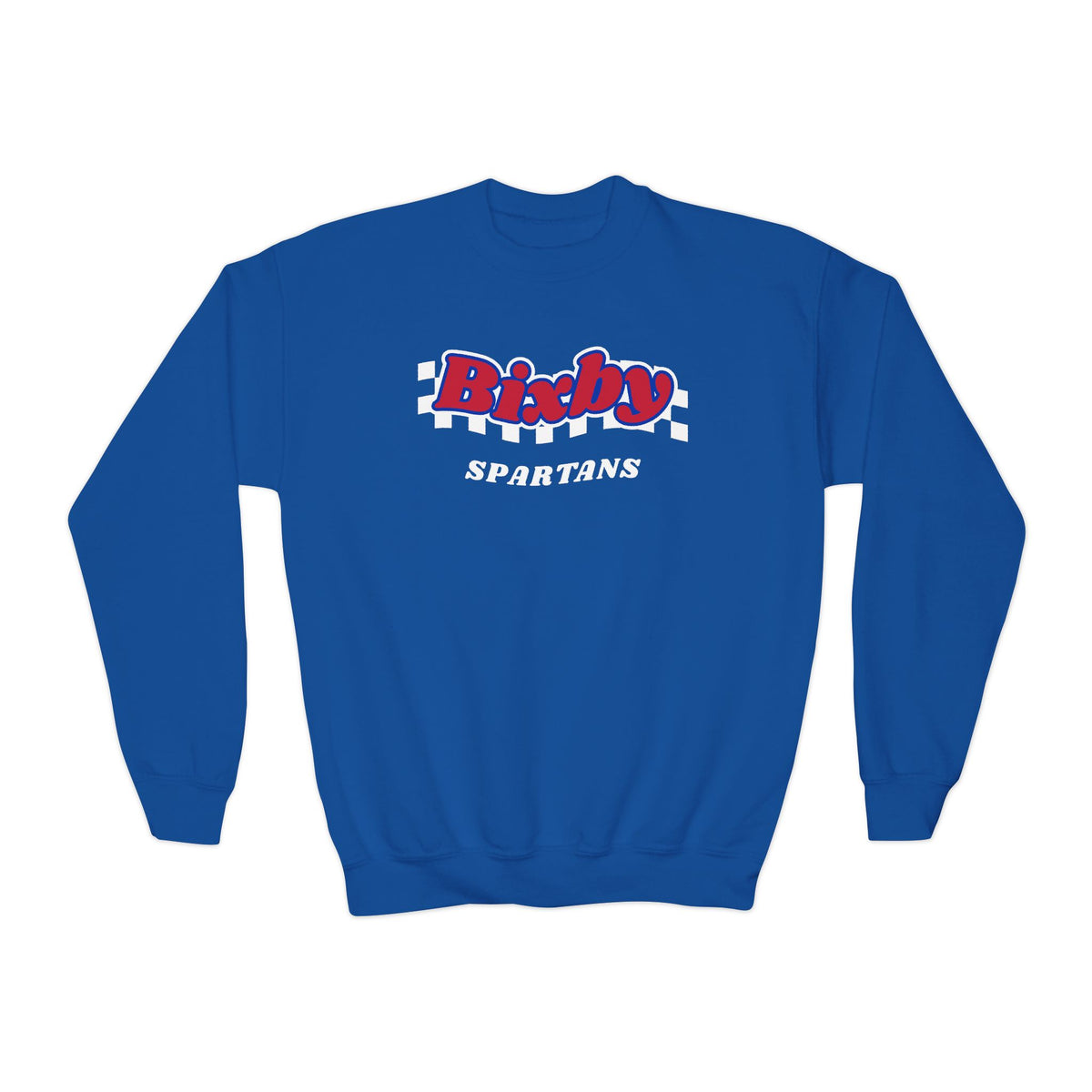 Bixby Spartans Retro Script Checkered Youth Sweatshirt – Kids Game Day Crewneck