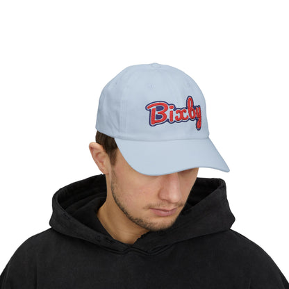 Embroidered "Bixby" Classic Dad Cap — White Retro Script Baseball Hat