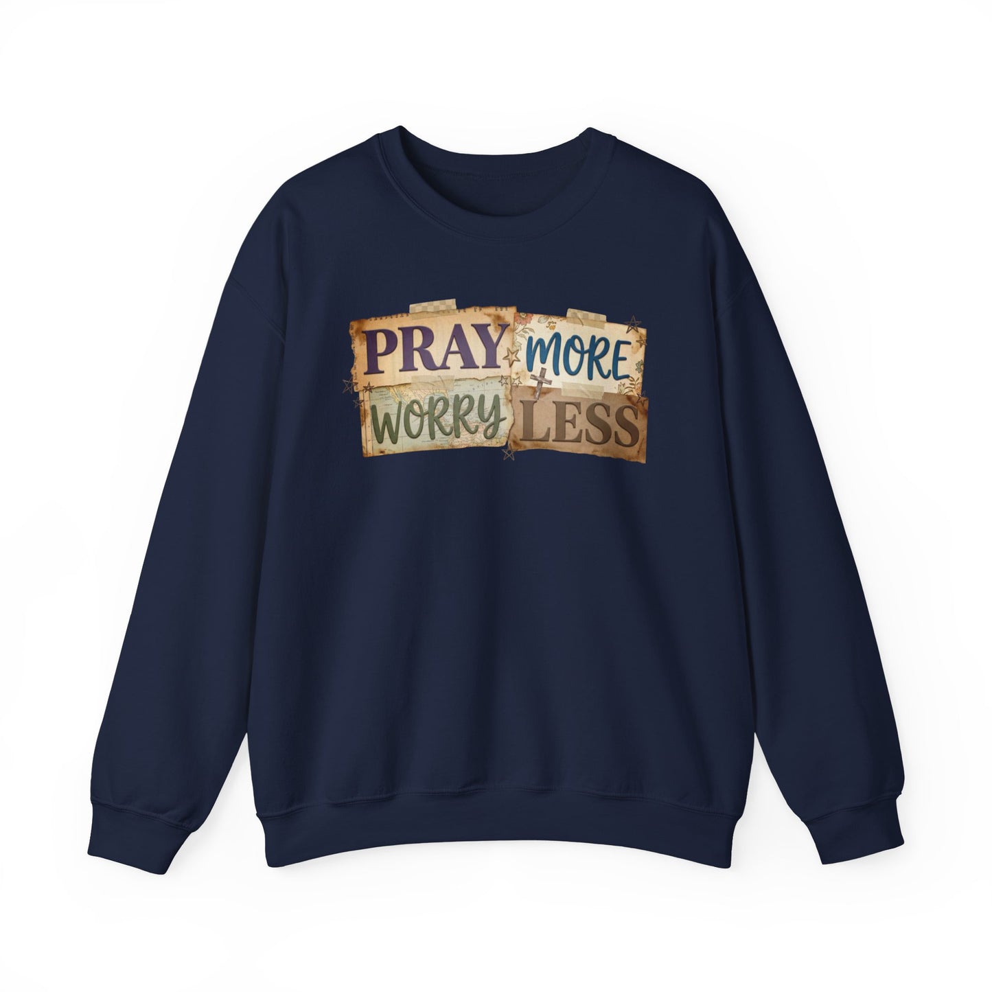 Pray More Worry Less Gildan Sweatshirt | Faith Christian Bible Verse Crewneck