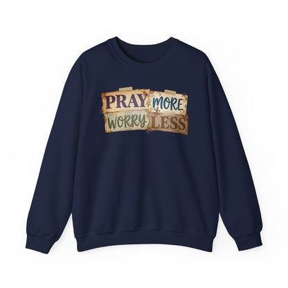 Pray More Worry Less Gildan Sweatshirt | Faith Christian Bible Verse Crewneck