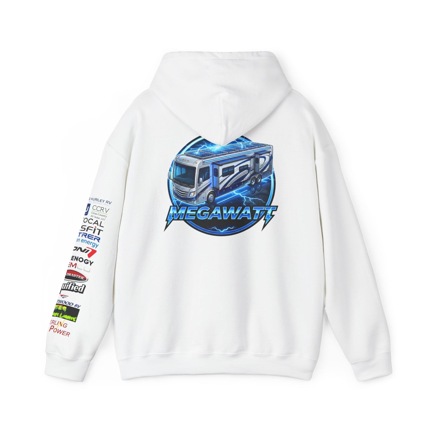 RV Megawatt Hoodie — Retro Camper Graphic Pullover with Sponsor Sleeve Logos