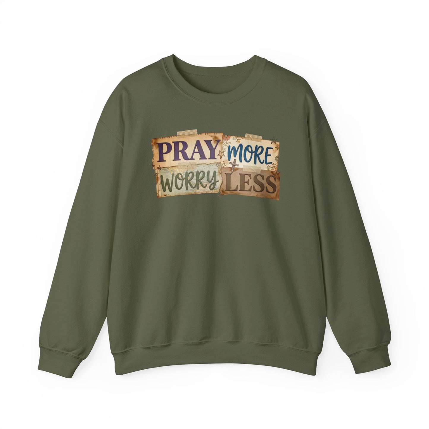 Pray More Worry Less Gildan Sweatshirt | Faith Christian Bible Verse Crewneck