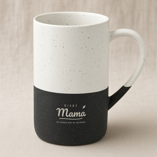 Bixby Mama engraved speckled mug, three-quarter view