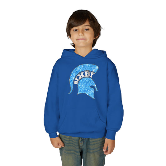 Bixby Spartan Blue Helmet Bling Youth Gildan Hoodie