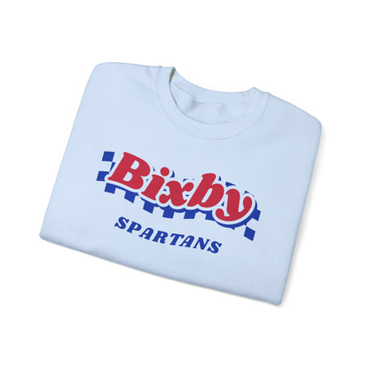 Bixby Spartans Retro Blue Checkered Script Sweatshirt – Vintage Game Day Crewneck