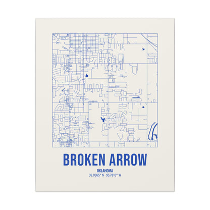 Broken Arrow Street Map Canvas, Royal Blue on Cream