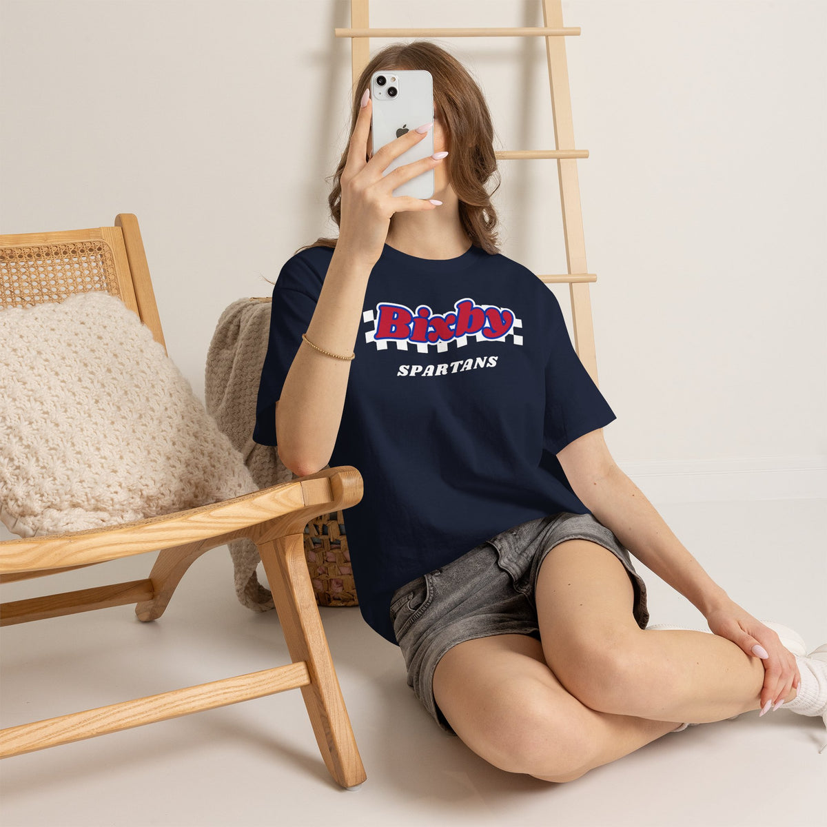 Bixby Spartans Retro Script Checkered Tee – Red, White & Blue Game Day Shirt