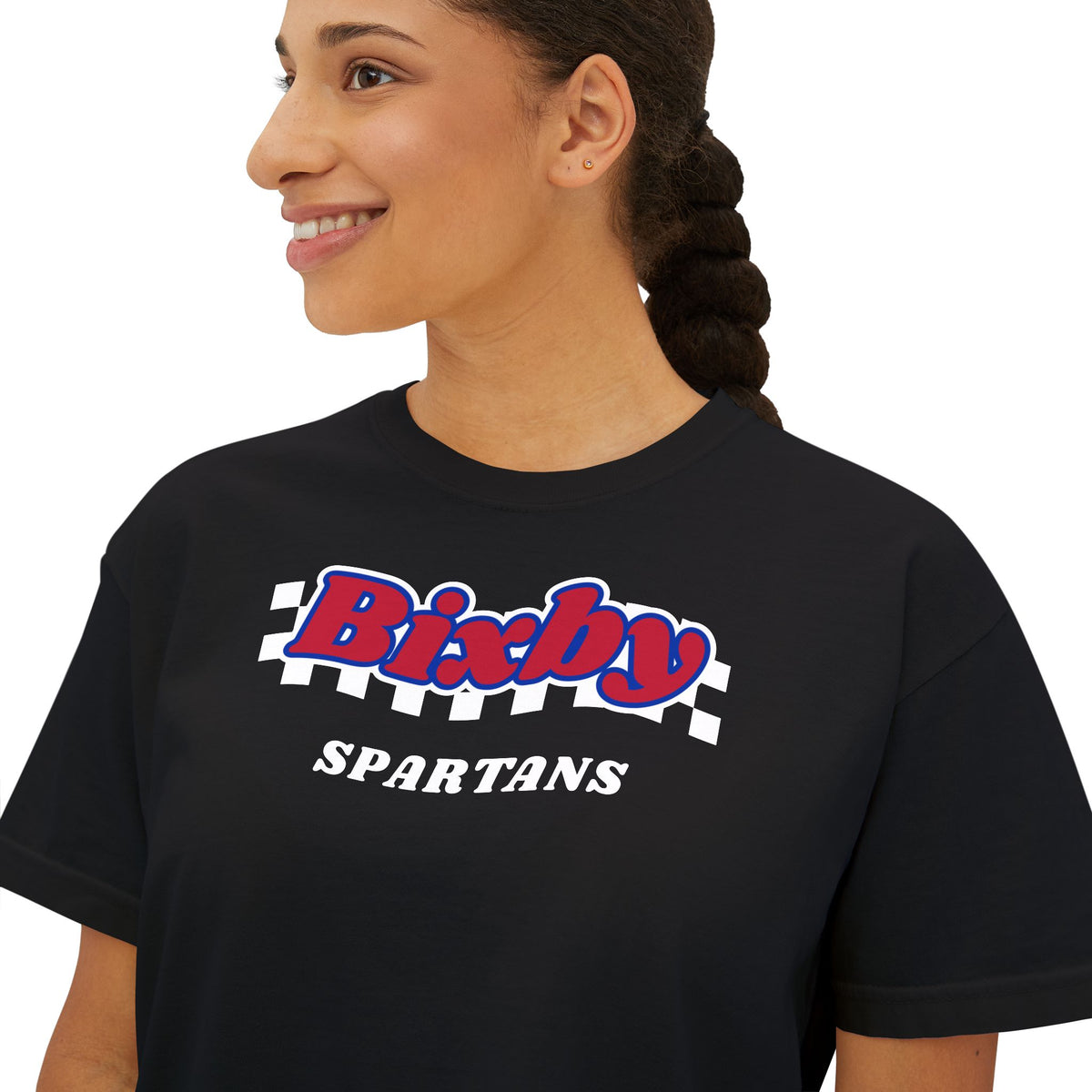 Bixby Spartans White Checker Retro Logo Women's Boxy Tee – Game Day Shirt