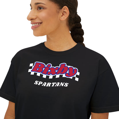 Bixby Spartans White Checker Retro Logo Women's Boxy Tee – Game Day Shirt