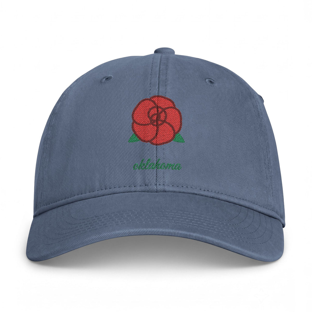 Oklahoma Rose embroidered washed cap in Blue Jean, front view