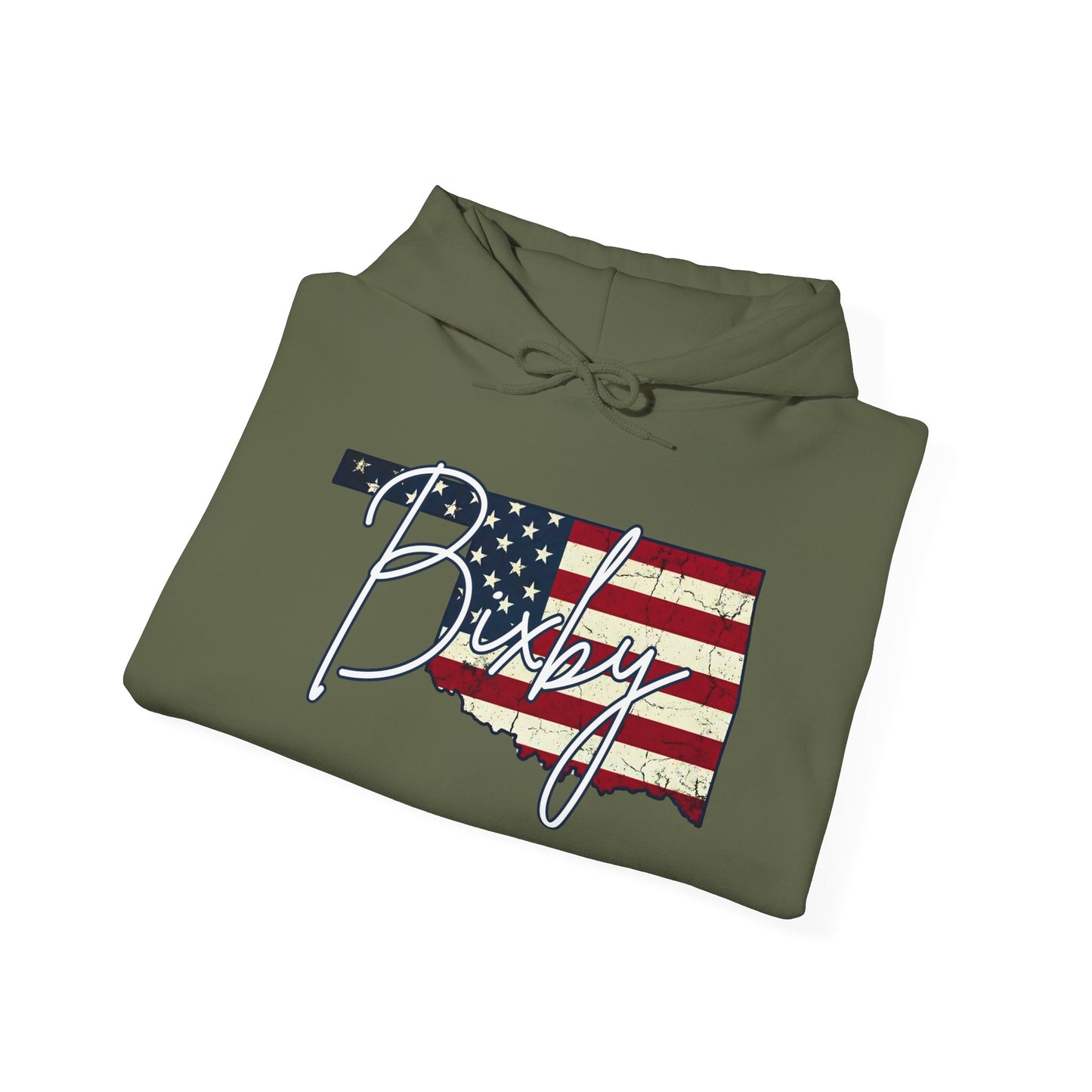 Oklahoma Flag Hoodie with "Bixby" Script Gildan Hoodie