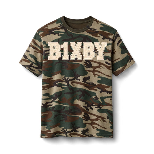Bixby Spartans Camo B1XBY - Vintage Varsity Lettering Cotton T‑ Tee