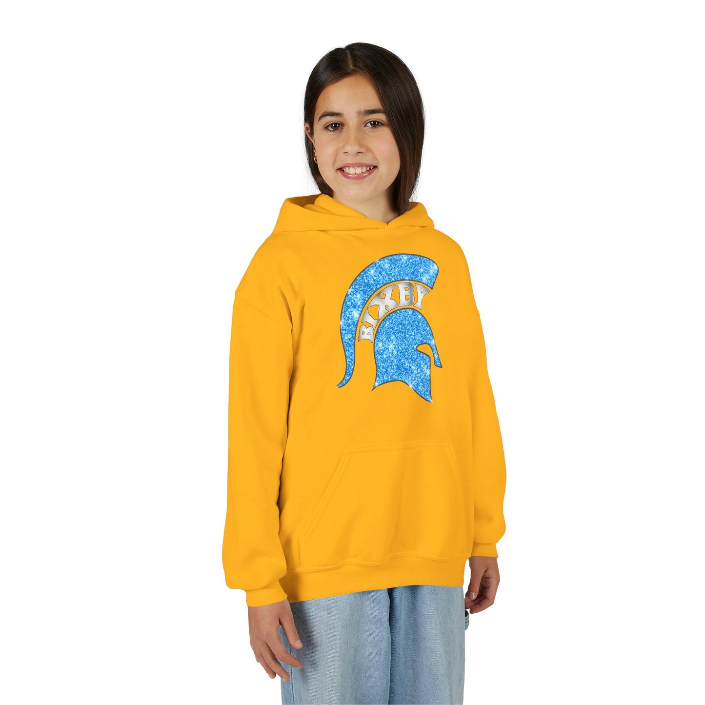 Bixby Spartan Blue Helmet Bling Youth Gildan Hoodie