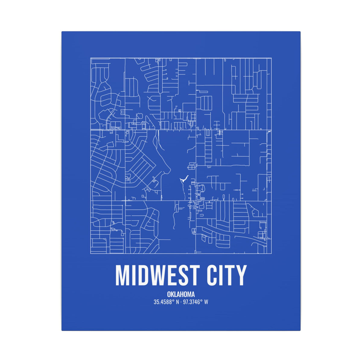 Midwest City Street Map Canvas, White on Royal Blue