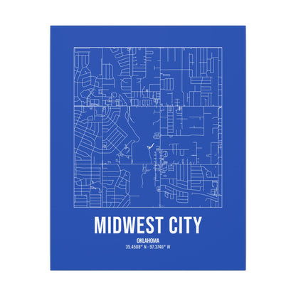 Midwest City Street Map Canvas, White on Royal Blue