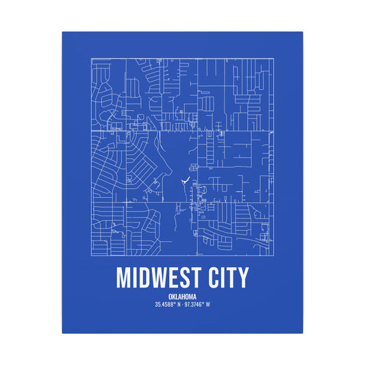 Midwest City Street Map Canvas, White on Royal Blue
