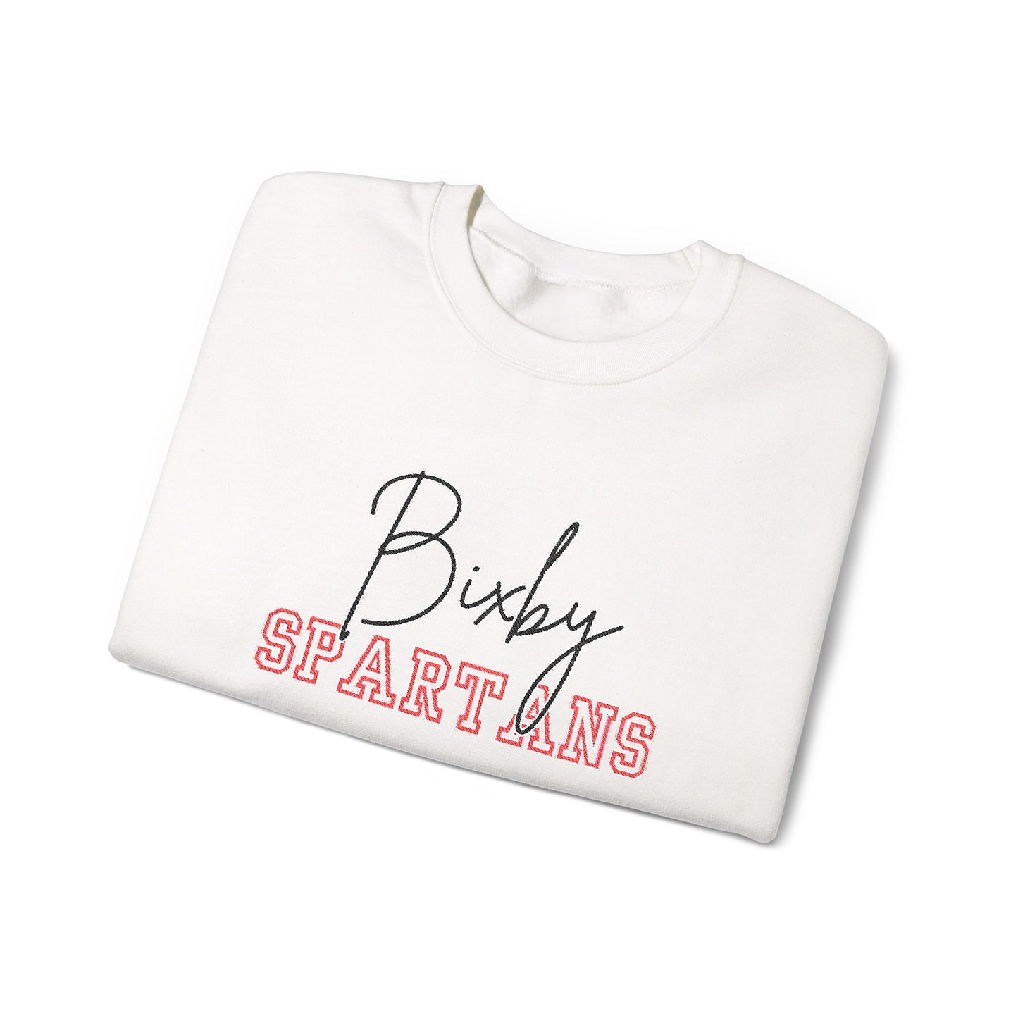Bixby Spartan Embroidered Crewneck Sweatshirt — Cursive & Yearbook Fonts