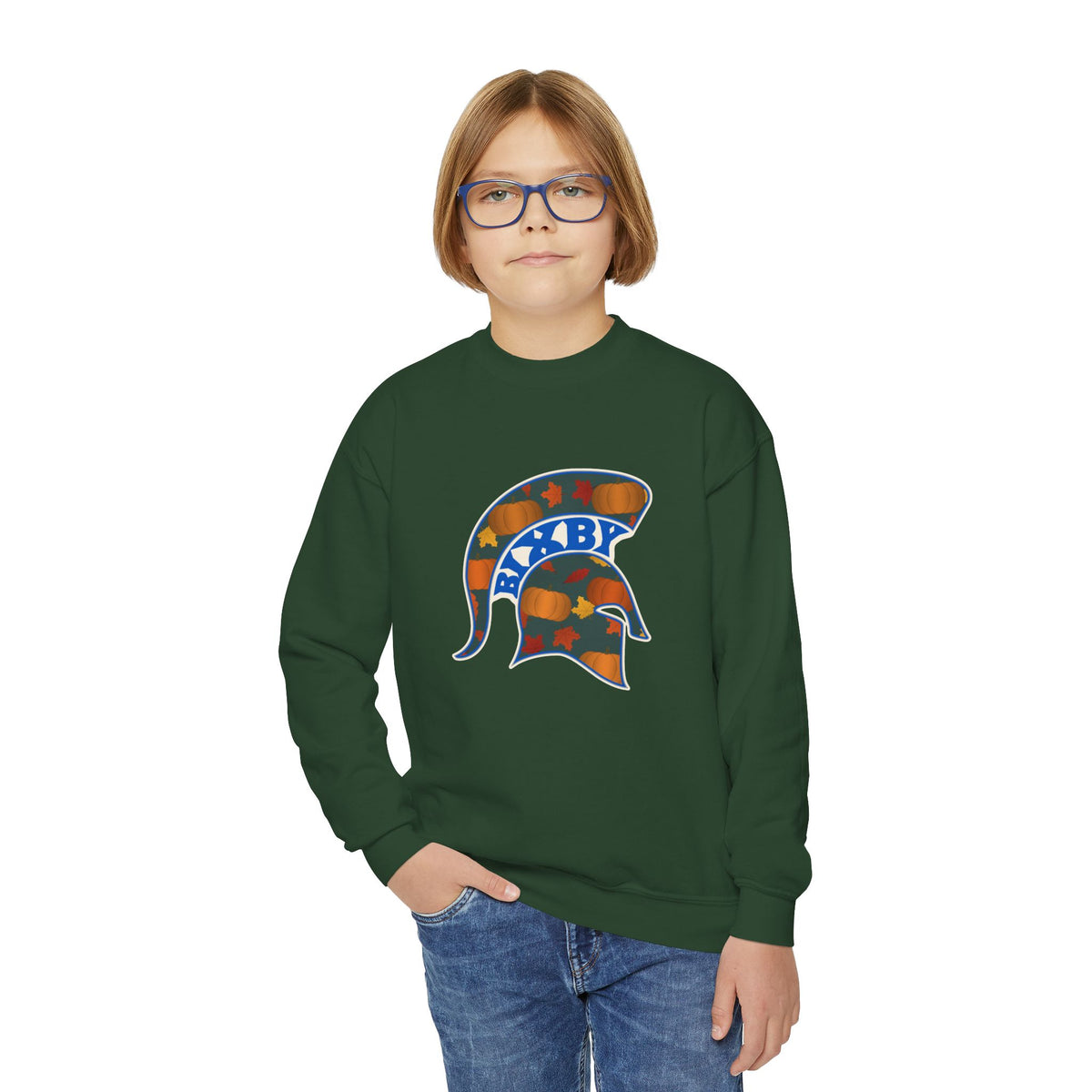Bixby Spartans Pumpkin Patch Helmet Youth Sweatshirt – Kids Fall Crewneck