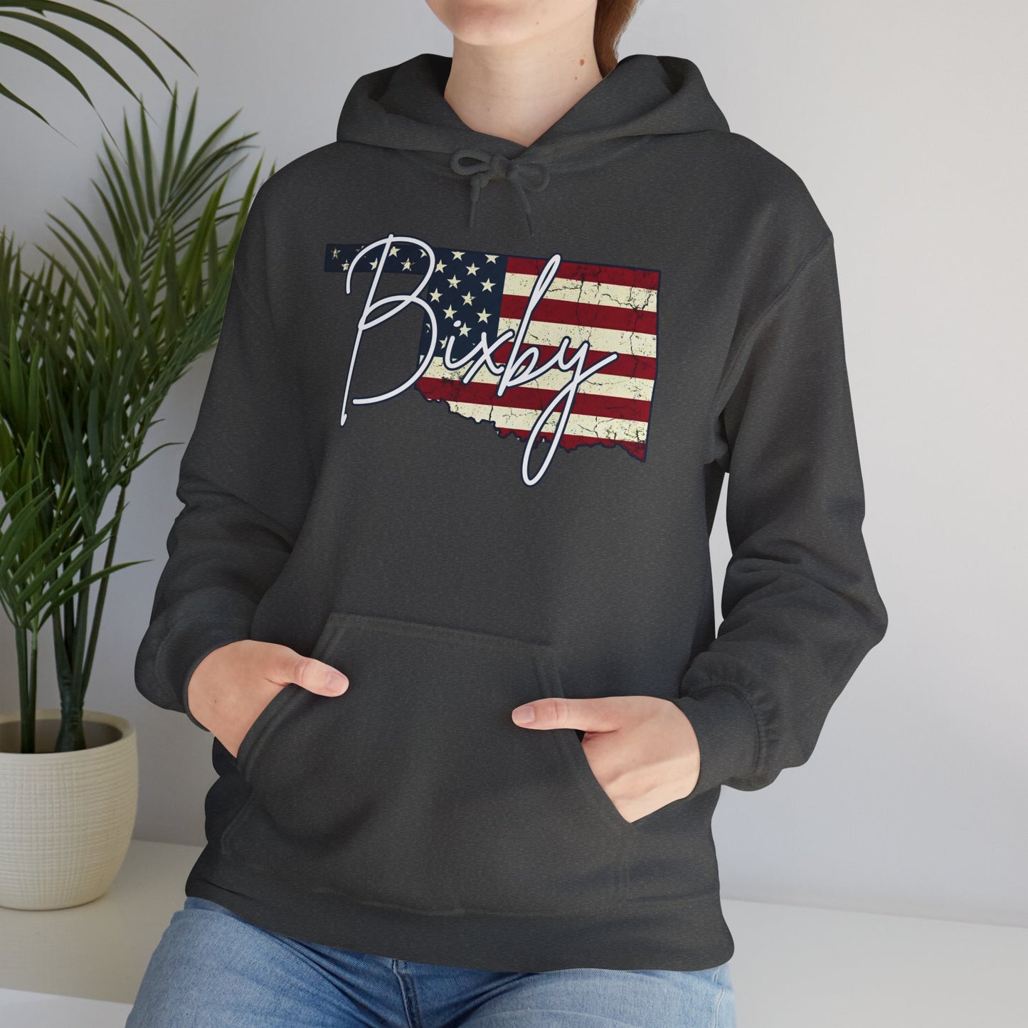Oklahoma Flag Hoodie with "Bixby" Script Gildan Hoodie