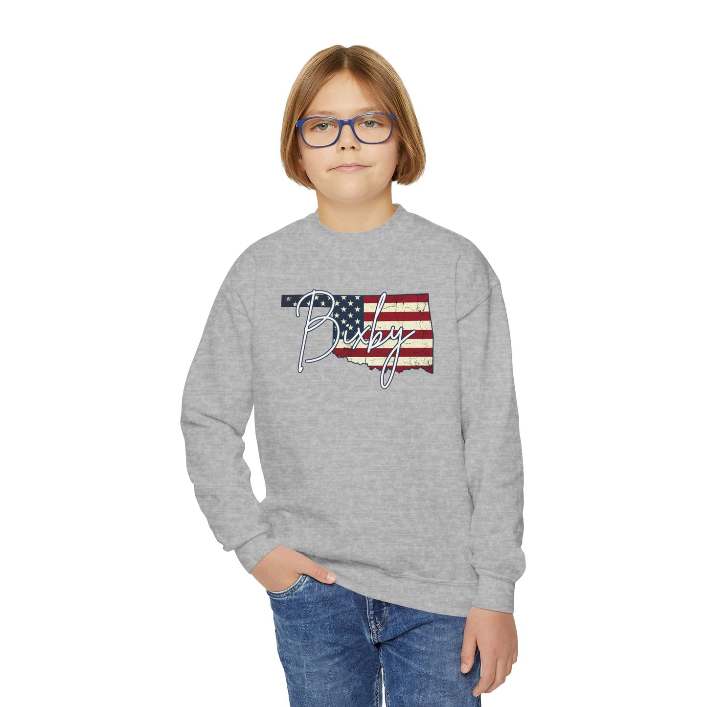 Oklahoma Flag Bixby Script Youth Gildan Sweatshirt