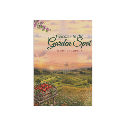 Welcome to the Garden Spot Bixby Garden Flag, flat lay