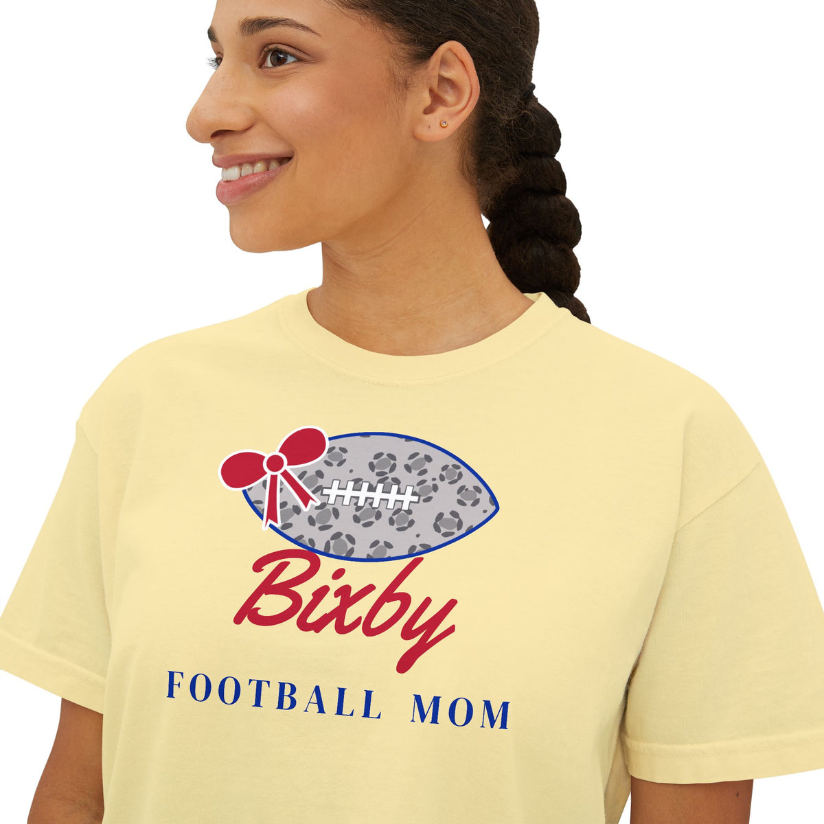 Bixby Spartans Football Mom Women's Boxy Tee – Leopard Football & Bow, Navy Lettering