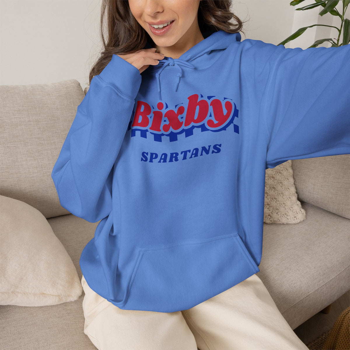 Bixby Spartans Retro Blue Checkered Script Hoodie – Vintage Game Day Hooded Sweatshirt