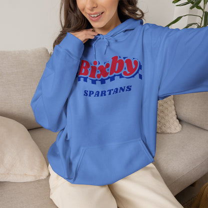 Bixby Spartans Retro Blue Checkered Script Hoodie – Vintage Game Day Hooded Sweatshirt