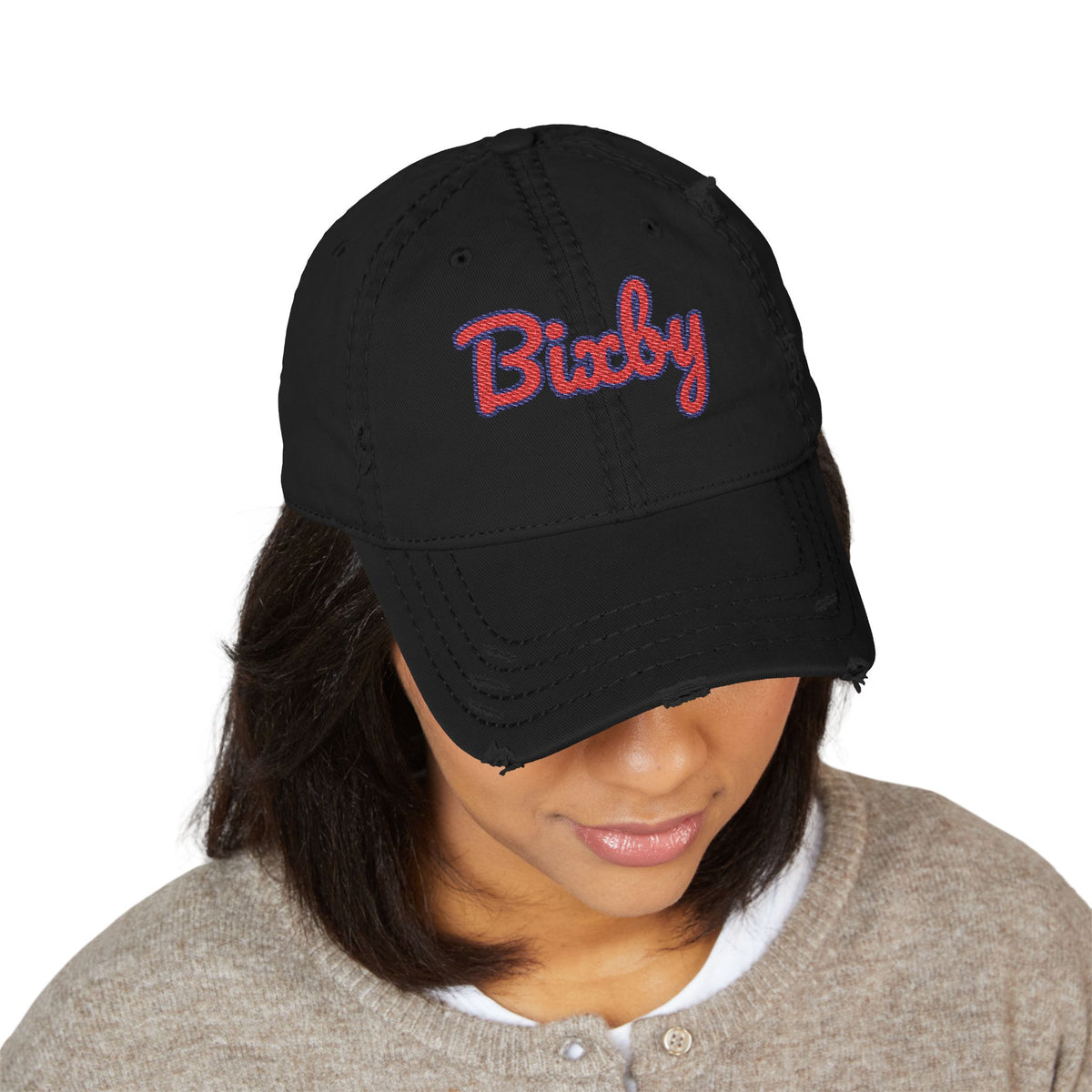Bixby Spartans Distressed Dad Hat, Embroidered Red Script Bixby