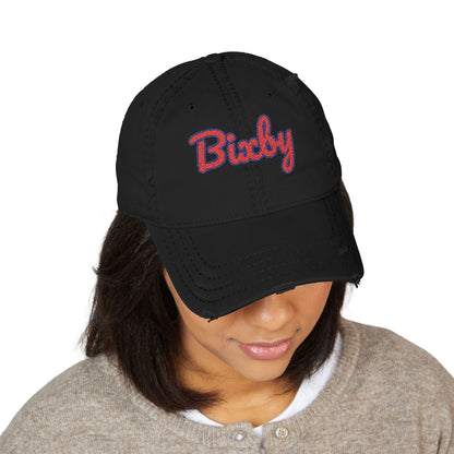 Bixby Spartans Distressed Dad Hat, Embroidered Red Script Bixby