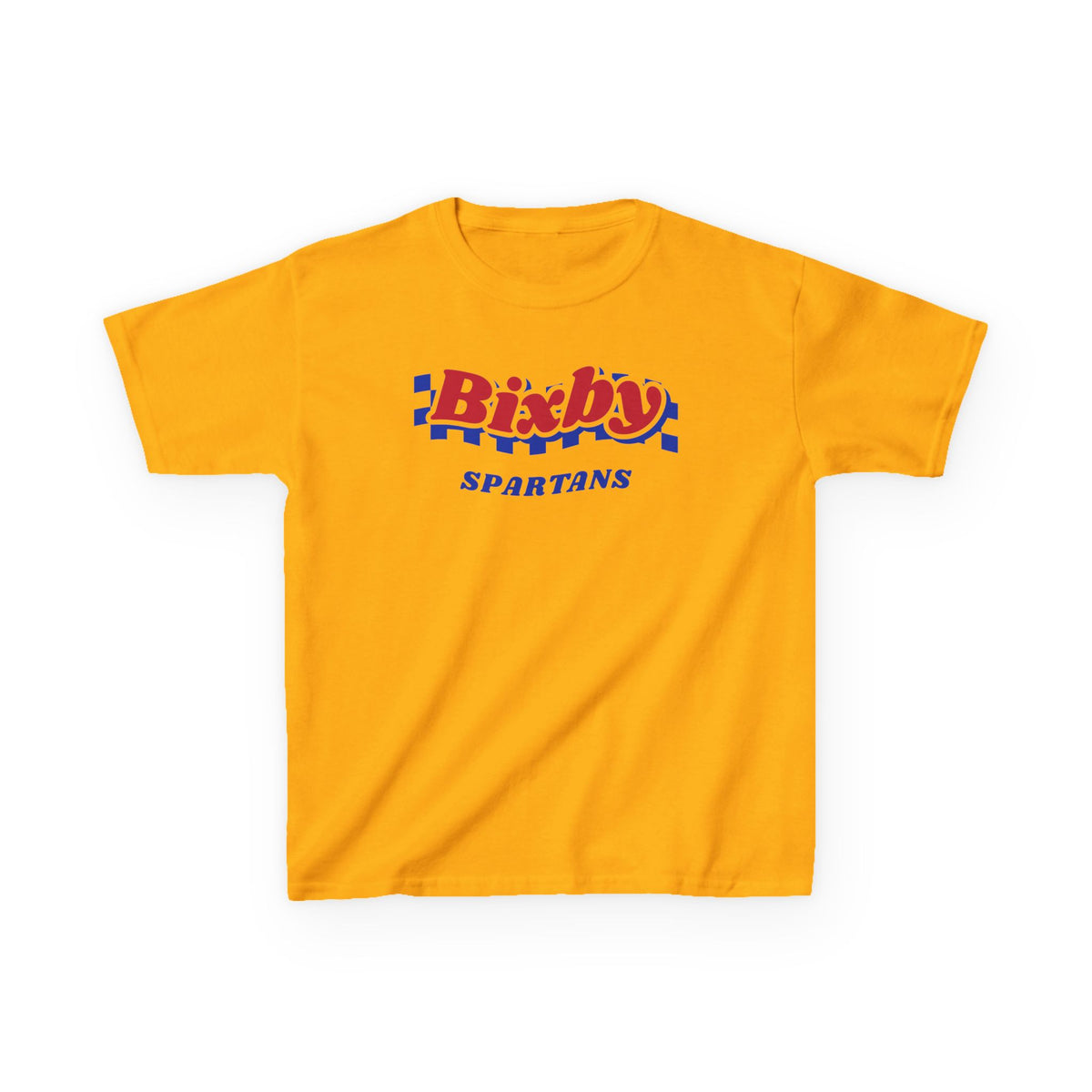 Bixby Spartans Retro Blue Checkered Script Youth Tee – Kids Vintage Game Day Shirt