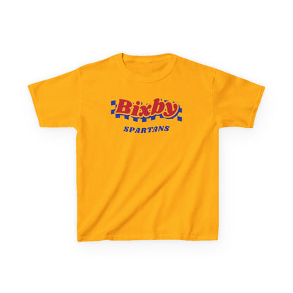 Bixby Spartans Retro Blue Checkered Script Youth Tee – Kids Vintage Game Day Shirt