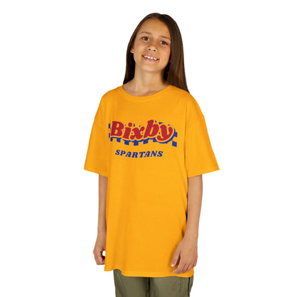 Bixby Spartans Retro Blue Checkered Script Youth Tee – Kids Vintage Game Day Shirt