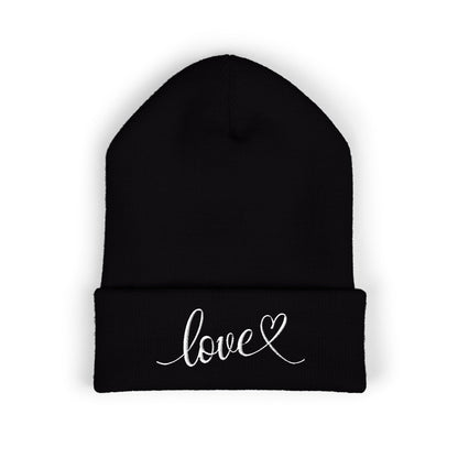 Embroidered Love Cuffed Beanie Cozy Knit Hat with Heart Script