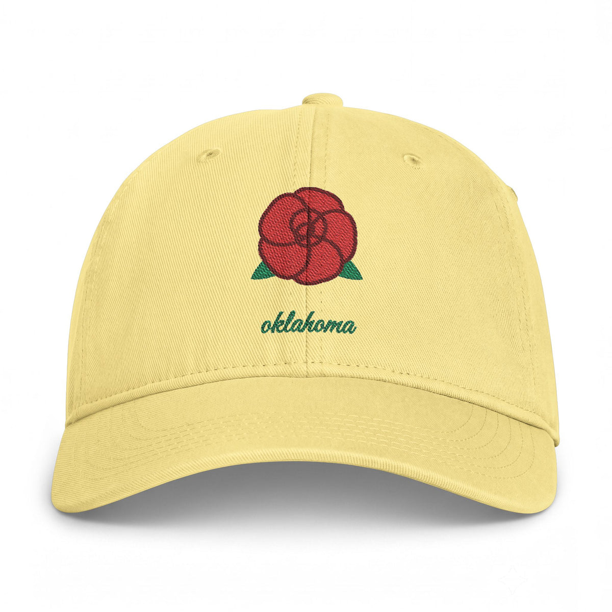 Oklahoma Rose embroidered washed cap in Butter, front view