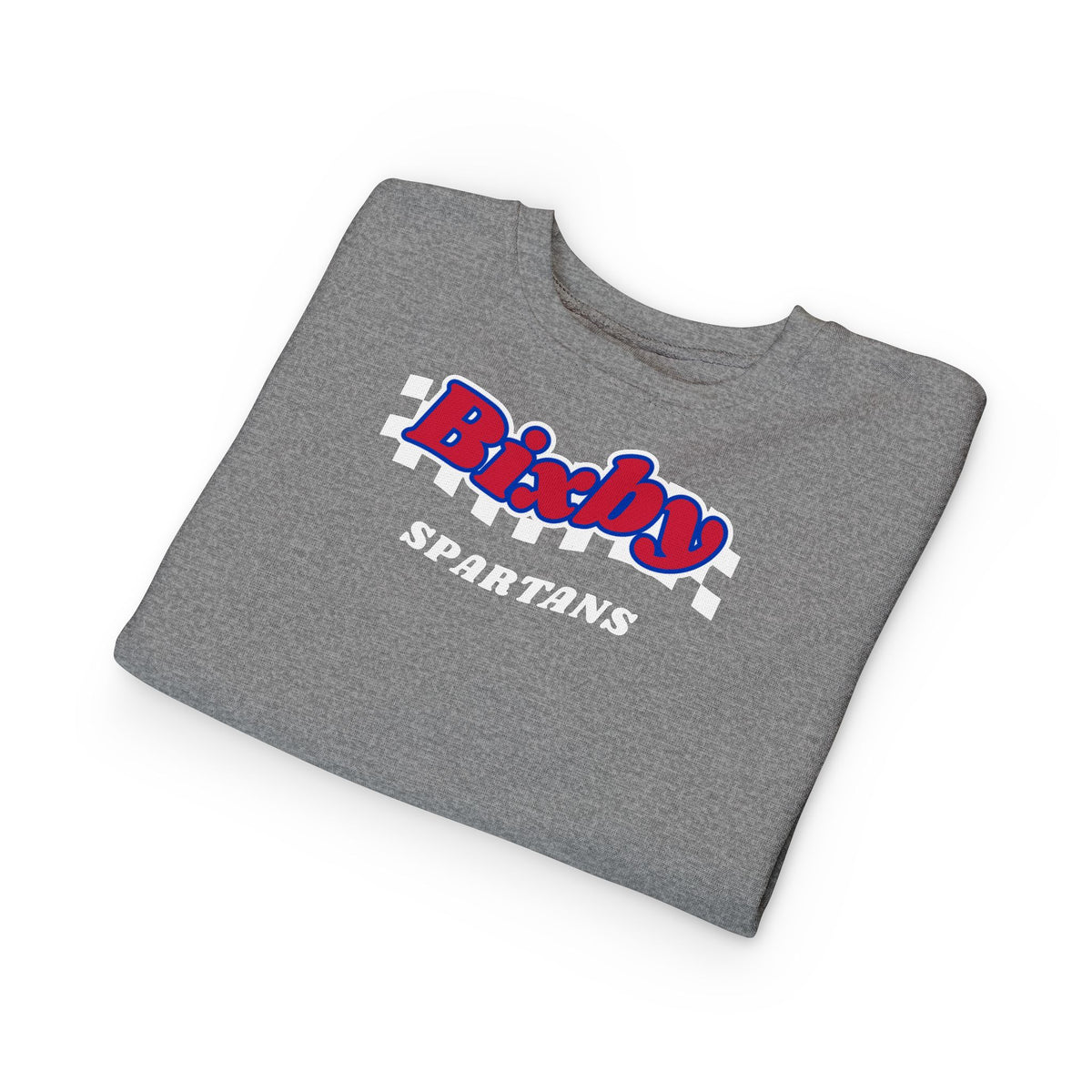 Bixby Spartans Retro Script Checkered Toddler Sweatshirt – Little Spartan Game Day Crewneck