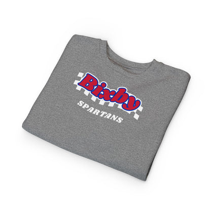 Bixby Spartans Retro Script Checkered Toddler Sweatshirt – Little Spartan Game Day Crewneck