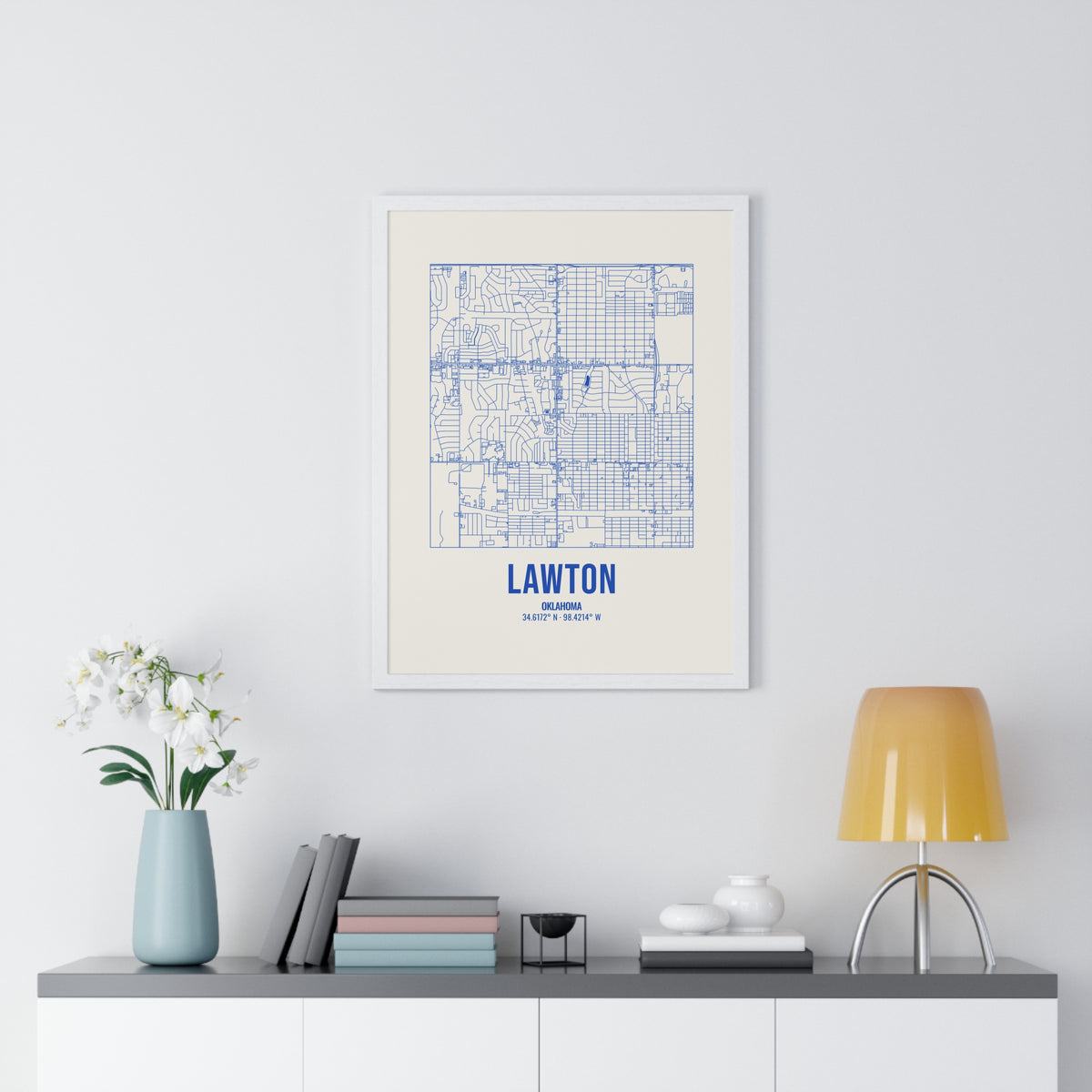 Lawton Street Map Framed Print, Royal Blue on Cream